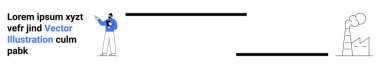 Endüstriyel fabrika illüstrasyonunun yanında duman çıkaran akıllı telefon kullanan bir adam. Teknoloji, iş dünyası, endüstri, iletişim, veri analizi, yenilik kavramları, basit iniş sayfası için ideal