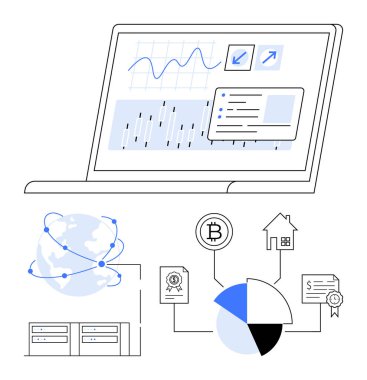 Laptop ekranında analitik grafikler, küresel ağ, bitcoin, emlak, sertifika, veritabanı ve pasta grafikleri var. Finansal teknoloji ve küreselleşme yatırımını engellemek için ideal