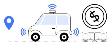 GPS, kablosuz sinyaller ve navigasyon için radar kullanan otomatik bir araç. Maliyet için dolar işareti ve bilgi teması için kitap. Yapay zeka, ulaşım, GPS, yenilik teknolojisi için ideal maliyet tasarrufu