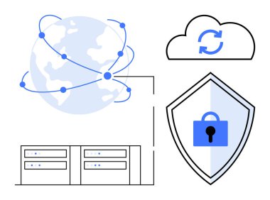 Dünya çizgilerle birbirine bağlı, küresel ağı gösteriyor. Senkronizasyon sembollü bulut. Sunucular veri depolamayı temsil ediyor. Kilit simgesi olan kalkan veri güvenliğini temsil ediyor. Siber güvenlik ve bulut için ideal