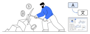 Analitik gösterge panelinin yanında veri trendlerini ve dil çevirisini gösteren bir kazma kullanarak para birimini sökülen işçiler. Finans, küreselleşme, veri analizi, madencilik ve teknolojik yenilik için ideal