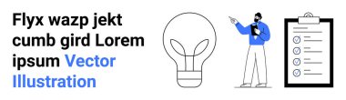 Bir ampulü yaratıcılık sembolü olarak vurgularken pano kontrol listesi sunan bir adam. Beyin fırtınası, proje planlaması, yenilik, fikir üretimi, üretkenlik, takım çalışması, basit