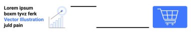 Bir alışveriş arabası ikonuna bağlı yükselen veri eğilimlerine sahip bar tablosu, analitik güdümlü e-ticaret stratejileri öneriyor. Pazarlama, çevrimiçi iş, veri içgörüleri, büyüme analizi ve perakende için ideal