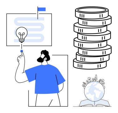 Yenilik fikri ortaya çıktığında ampulü işaret eden kişi, finansman için para yığını, sürdürülebilirlik için kitap üzerine dünya. İş için ideal, yenilik, finansman, eğitim, büyüme, strateji