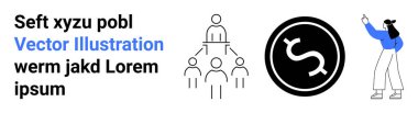 Hiyerarşik yapı illüstrasyonu, dolar işareti simgesi ve işaret eden takım çalışması, liderlik, finans, yön, strateji, organizasyon ve karar verme. Basit bir iniş için ideal.