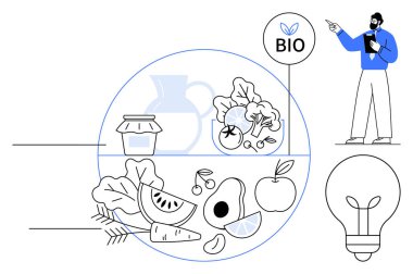 Kavanoz ve sürahi ile sergilenen avokado, elma ve yeşillikler de dahil olmak üzere organik ürünler. Biyolojik fikri sunan kişi. Sürdürülebilirlik için ideal, besin yeniliği, sağlıklı beslenme ekolojik farkındalık organik