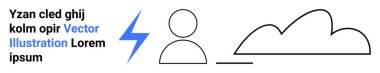 Mavi yıldırımın yanında soyut bir insan simgesi, asgari bulut çizgisi ve taklit metin. Teknoloji, enerji, bulut hesaplama, kullanıcı arayüzü, veri görselleştirme, basit iniş sayfası için ideal