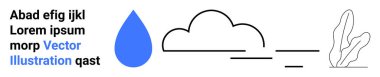 Mavi yağmur damlası, minimal kara bulut ve yağmur, hava ve doğayı ifade eden basit yaprak ana hatları. Sürdürülebilirlik için ideal, eko kampanyaları, iklim farkındalığı, tarım su yönetimi hava durumu