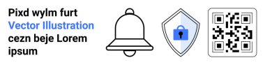 Çan simgesi, merkezi kilitli kalkan, QR kod deseni. Güvenlik, bilgilendirme, teknoloji, dijital etkileşim, uygulama UI, tarama sistemleri düz iniş sayfası pankartı için ideal