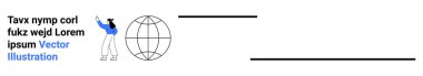 Kadın, birbirine bağlı hatları olan küresel bir kablo küresini işaret ediyor. Takım çalışması, küresel bağlantı, sunum, eğitim, öğrenme, veri görselleştirme, basit iniş sayfası için ideal