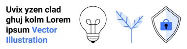 Ampul, bitki dalı ve kilit sembollü kalkan. Yenilik, sürdürülebilirlik, koruma, yaratıcılık, çevre dostu çözümler, dijital güvenlik düz iniş sayfası afişi için ideal