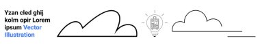 Parlayan bir ampul ikonu ile soyut eğimli bulut çizgileri yenilik, teknoloji ve fikir üretimini sembolize eder. Teknoloji, yaratıcılık, enerji, beyin fırtınası, yenilik, bulut için ideal