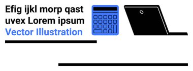 Siyah ve mavi renkli yer tutucu metin içeren hesap makinesi ve dizüstü simgeleri. Finans, eğitim, teknoloji, iş, çalışma alanı, dijital araçlar ve basit iniş sayfası için ideal