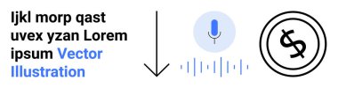 Ses dalgalı mikrofon, aşağı doğru ok, dolar simgesi ve ses-finans transferini temsil eden yer tutucu metin. Teknolojik yenilik için ideal, Al, finans, otomasyon, iletişim sesi