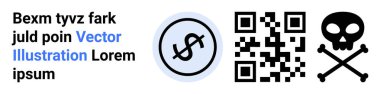 Dairesel dolar işareti ve siber güvenlik, dolandırıcılık, dolandırıcılık önleme, internet tehditleri, ödeme güvenliği, veri koruması ve basit iniş sayfasını vurgulayan çapraz kemikli bir kafatası dışında QR kodu