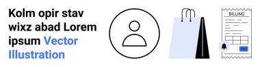 Kullanıcı profili simgesi, alışveriş poşetleri ve onaylanmış pul işaretli fatura çevrimiçi alışveriş, fatura, e-ticaret, müşteri profili, perakende deneyimi ve dijital alımlar. Basit bir iniş için ideal.