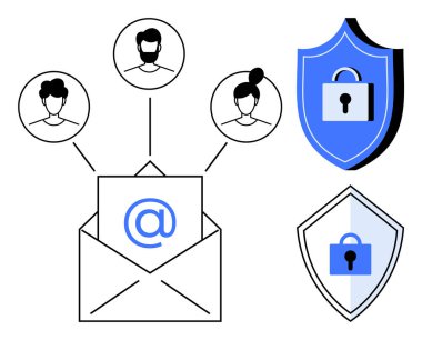 Kullanıcı profillerine bağlı sembollü e-posta ve kilit simgeli iki kalkan. Siber güvenlik, veri koruması, iletişim, gizlilik, internet güvenliği, güvenli mesajlaşma ve çevrimiçi mesajlaşma için ideal