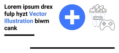 Mavi sağlık sigortası haçı çizilmiş patlamış mısır kutusu ve oyun kumandası ile eşleştirilmiş. Sağlık, eğlence, oyun, eğlence, rahatlık, sağlık, teknoloji, minimum dijital içerik, basit iniş sayfası için ideal
