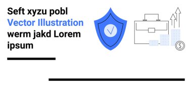 Çantanın, bar çizelgesinin ve okların yanında büyümeyi, başarıyı ve veri güvenliğini simgeleyen işaretli kalkanlar. Ticari koruma, strateji, yatırım ve analitik bütçeleme için ideal başarı
