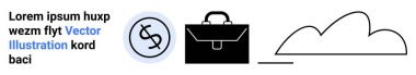 Yuvarlak dolar işareti, siyah evrak çantası ve lorem ipsum yazılı minimalist bulut simgesi. Finans, iş, teknoloji, bulut depolama, veri güvenliği, yatırım sade iniş sayfası için ideal
