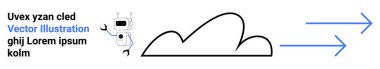 Bulutun yanında robot, sağı gösteren iki mavi ok ilerlemeyi, yeniliği simgeliyor. Teknoloji, yapay zeka, otomasyon, bulut hesaplama, ağ oluşturma, dijital dönüşüm için ideal basit iniş sayfası