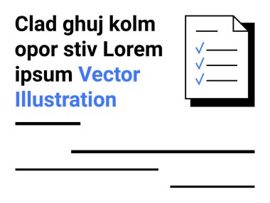 Mavi kontrol işaretleri, yer tutucu metni ve minimal siyah çizgileri olan bir kontrol listesi belgesi. Proje yönetimi, görev izleme, iş şablonları, eğitim, iş akışı optimizasyonu için ideal, asgari