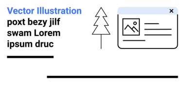 Önizleme görüntüsü, metin bölümleri, sadeleştirilmiş ağaç ve kalın çizgiler içeren yapılandırılmış pencere düzeni. Web tasarımı, veri görselleştirme, basitlik, kullanıcı arayüzü, modern grafikler için ideal