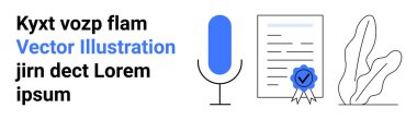 Mikrofon, mavi mühürlü sertifikalı belge ve soyut bitki taslağı. İletişim, sertifika, medya, sunum, eğitim, profesyonellik için ideal basit iniş sayfası