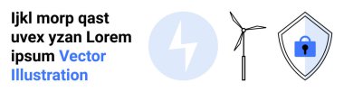 Mavi yıldırım, rüzgar türbini, kilitli güvenli kalkan ve yer tutucu metin. Enerji, teknoloji, sürdürülebilirlik, güvenlik, veri koruması, temiz güç düzlüğü iniş sayfası pankartı için ideal