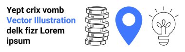 Birikmiş paralar, mavi harita iğnesi ve ampul finansal büyüme, konum hizmetleri ve yaratıcı yenilikleri gösteriyor. İş, finans, konum teknisyeni, yaratıcılık başlangıç fikirleri planlama için ideal