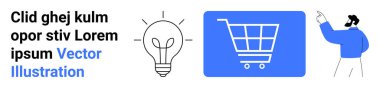 Mavi kutuda alışveriş arabası, parlayan ampul, sağa bakan adam. E-ticaret, yenilik, pazarlama, reklam, çevrimiçi mağazalar, yaratıcı çözümler için basit iniş sayfası