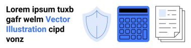 Kalkan, hesap makinesi ve istiflenmiş belgeler koruma, finans ve bilgi işlemeyi simgeler. İş, finans, veri güvenliği, eğitim sigortası yönetimi için ideal basit iniş sayfası