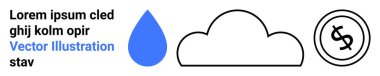 Bulut çizgisi, mavi su damlası ve dolar para çemberi. Finans, sürdürülebilirlik, bulut hesaplama, tasarruf, su kaynakları yönetim havası ve minimalist tasarım metaforları için idealdir. Soyut çizgi