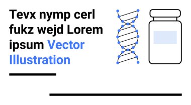 İlaç şişesinin yanında çift sarmallı DNA. Genetik, biyoteknoloji, araştırma, ilaç, yenilik, bilim iletişimi, basit iniş sayfası için ideal