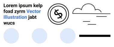 Siyah para, minimalist bulutlar, metin satırları, üç sessiz mavi daire ve bir yatay çubuk. Finans, ekonomi, basitlik, markalaşma tasarımı için ideal modern temalar düz çizgi metaforu