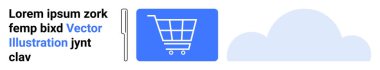 Mavi bir karede, metin ve soyut bulutun yanında alışveriş arabası ikonu. E-ticaret, çevrimiçi alışveriş, perakende, dağıtım hizmeti, bulut depolama, dijital platformlar, basit iniş sayfası için ideal