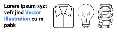 Bir gömleğin minimalist ana hatları, bir ampul ve içinde yer tutucu metin olan bozuk paralar. İş, finans, giyim, yenilik, eğitim, e-ticaret teknolojisi veya basit bir iniş sayfası için ideal