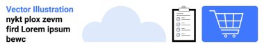 Bulut simgesi, panodaki kontrol listesi ve dijital hizmetleri sembolize eden alışveriş arabası. Teknoloji, e-ticaret, görev yönetimi, organizasyon, çevrimiçi hizmetler, üretkenlik için ideal basit iniş sayfası