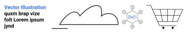 Bulut çizimi, düğümlü merkezi olmayan finans ağı ve alışveriş arabası. Teknoloji, fintech, e-ticaret, bulut çözümleri, engelleme zinciri, dijital ekonomi basit iniş sayfası için ideal