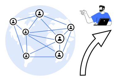 Dünya haritası üzerinde birbirine bağlı kullanıcı simgeleri ağı. Diz üstü bilgisayarı yukarıya bakan bir iş adamı. Küresel bağlantı için ideal, uzak takım çalışması, ağ oluşturma, iletişim, işbirliği, teknoloji