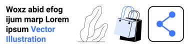 Soyut şekiller, alışveriş poşetleri ve e-ticareti, alışverişi, içeriği paylaşan ikon paylaşımı. Çevrimiçi alışveriş, perakende satış, pazarlama, e-ticaret uygulamalarının paylaşımı için ideal düz iniş sayfası