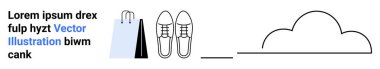 Alışveriş torbası ve minimalist bulut çizgisi ve örnek yer tutucu metni olan ayakkabılar. Perakende, e-ticaret, markalaşma, tasarım ilhamı, pazarlama, modern görseller, basit iniş sayfası için ideal