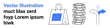Alışveriş çantası, istiflenmiş madeni paralar ve yön okları e-ticaret, finans, karar verme mekanizması, pazarlama, yatırımlar, tercihler ve navigasyonu iletir. Strateji sektörü temaları için ideal basit iniş