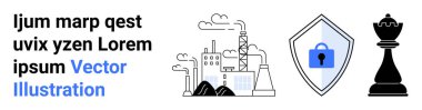 Bacalı sanayi fabrikası, kilit ikonlu güvenlik kalkanı ve satranç kralı. Güvenlik, endüstri, güç, karar verme, büyüme, koruma için ideal düz iniş sayfası afişi