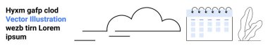 Asgari çizgileri olan bulut, tarihleri olan takvim ve soyut bitki çizimleri. Teknoloji, programlama, basitlik, doğa, planlama, modern tasarım ve basit iniş sayfası için ideal