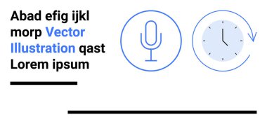 Mikrofon simgesi, oklu saat, asgari düzeyde metin ögeleri. Podcastlar, geri sayım, zaman yönetimi, sunumlar, markalaşma, eğitim sade iniş sayfası için ideal