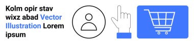Kullanıcı avatar çemberi, el işaretçisi tıklama hareketi, mavi alışveriş arabası kutusu. Kullanıcı arayüzü, e-ticaret, navigasyon, çevrimiçi alışveriş, mobil uygulama, basit iniş sayfası teknolojisi için ideal