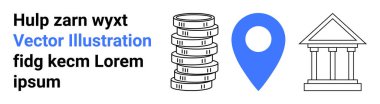 Bir yığın bozuk para, mavi lokasyon iğnesi ve klasik bina taslağı. Finans, navigasyon, bankacılık, yatırım, ekonomi, tasarruf ve basit bir iniş sayfası için ideal