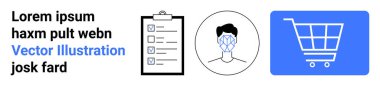 Panodaki kontrol listesi, yüz tanıma çizgileri ve mavi alışveriş arabası ikonu. Çevrimiçi alışveriş, kimlik doğrulama, teknoloji, güvenlik, e-ticaret, perakende sade iniş sayfası için ideal