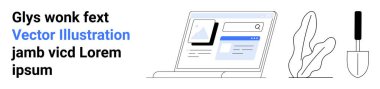 Soyut elementler, yaprak çizimi ve bahçe aletleri içeren bir web sayfasını gösteren dizüstü bilgisayar. Teknoloji, doğa, eğitim, DIY, minimal tasarım, yaratıcılık için ideal basit iniş sayfası